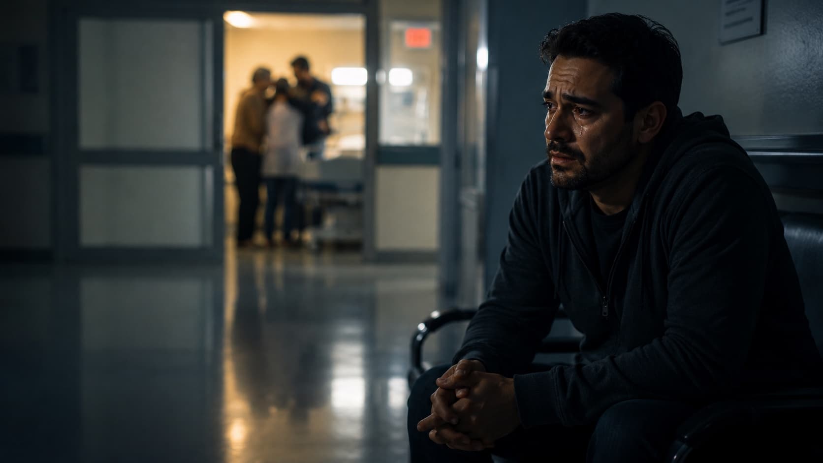 Un hombre llora en el pasillo de un hospital, imagen que representa la oración que Dios no contestó como esperábamos